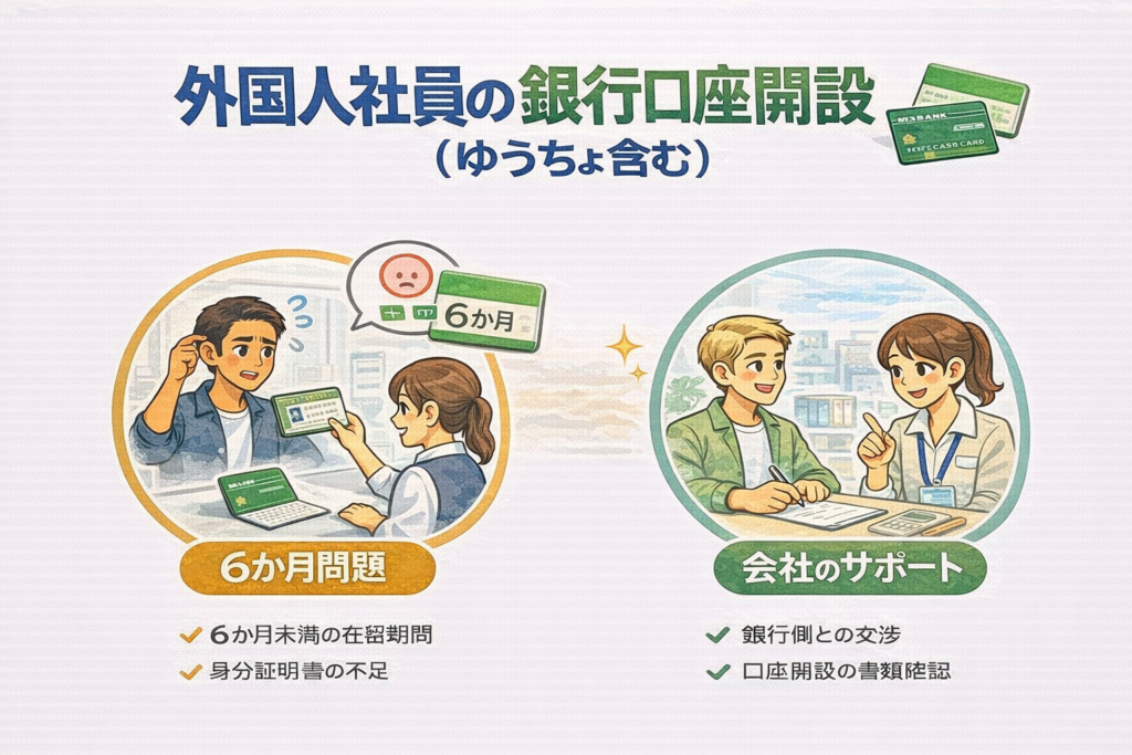 外国人社員の銀行口座開設（ゆうちょ・6か月問題・会社のサポート）アイキャッチ画像
