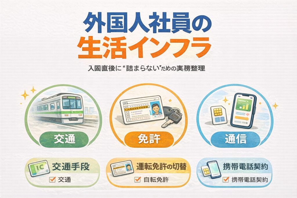 外国人社員の生活インフラ（交通・免許・通信）を表すアイキャッチ画像