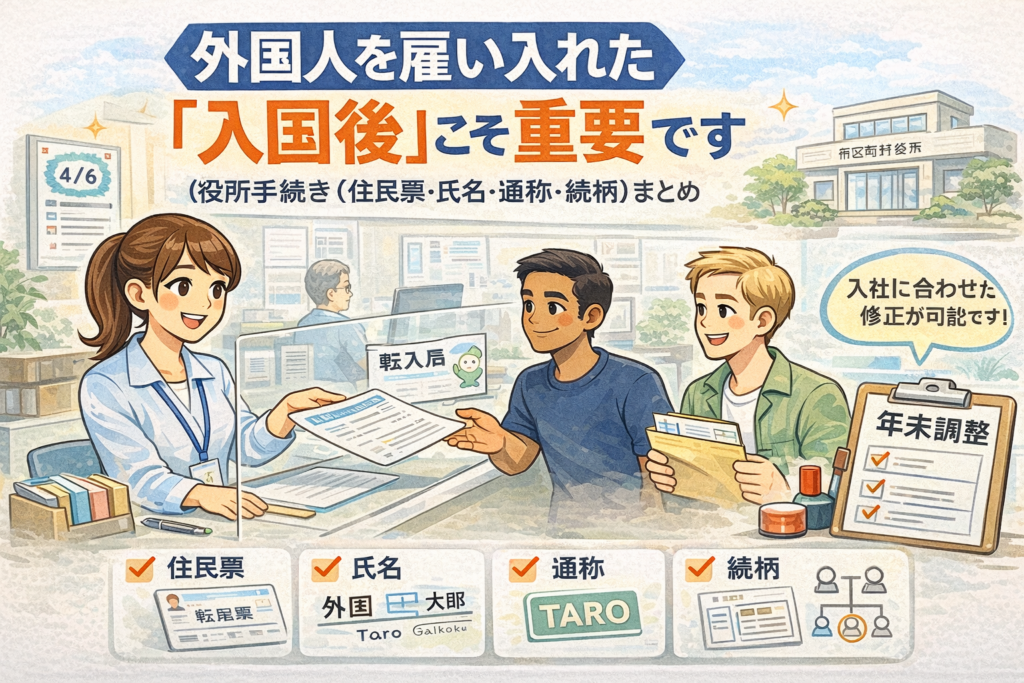 外国人社員の入国後の役所手続き（住民票・氏名・通称・続柄）を示すアイキャッチ画像