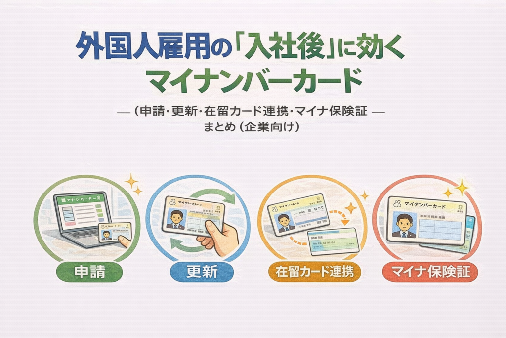 外国人社員の入社後に必要なマイナンバーカード手続き（申請・更新・在留カード連携・マイナ保険証）アイキャッチ画像