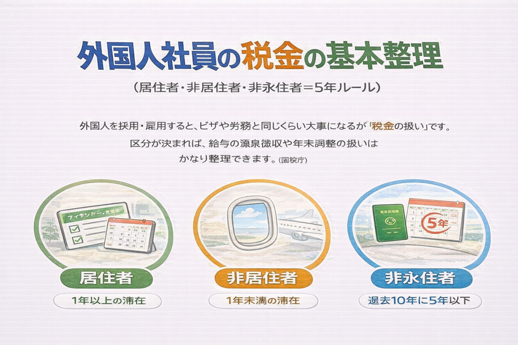 外国人社員の税区分（居住者・非居住者・非永住者＝5年ルール）を示すアイキャッチ画像
